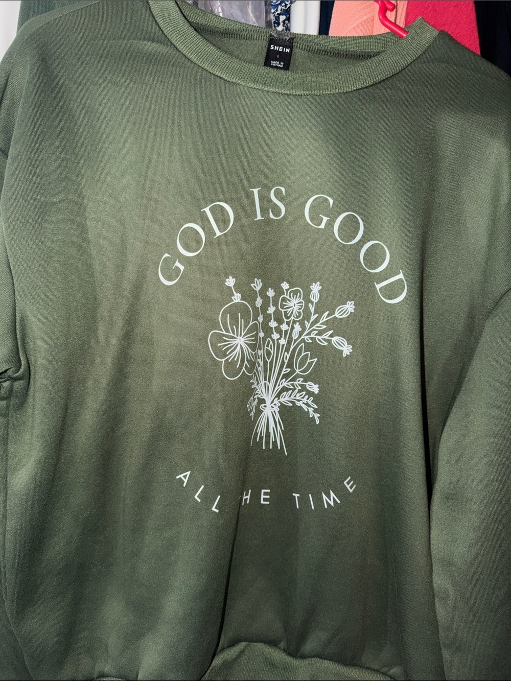 SHEIN Men's Olive Green Crewneck Sweater with White 'God Is Good' Floral Graphic